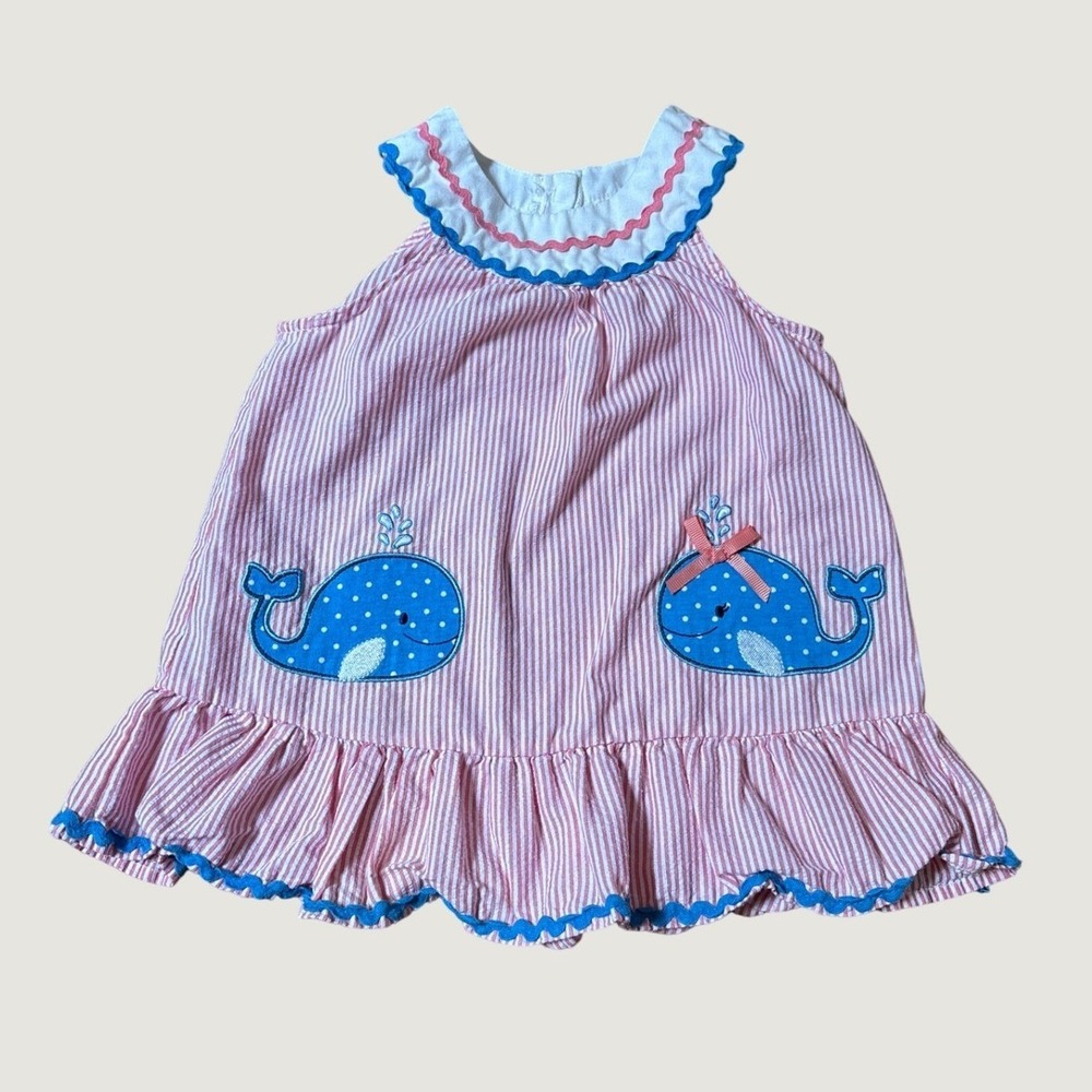 Nannette Seersucker Whale Top Girls Pink White Nautical Ric Rac SIZE 4T